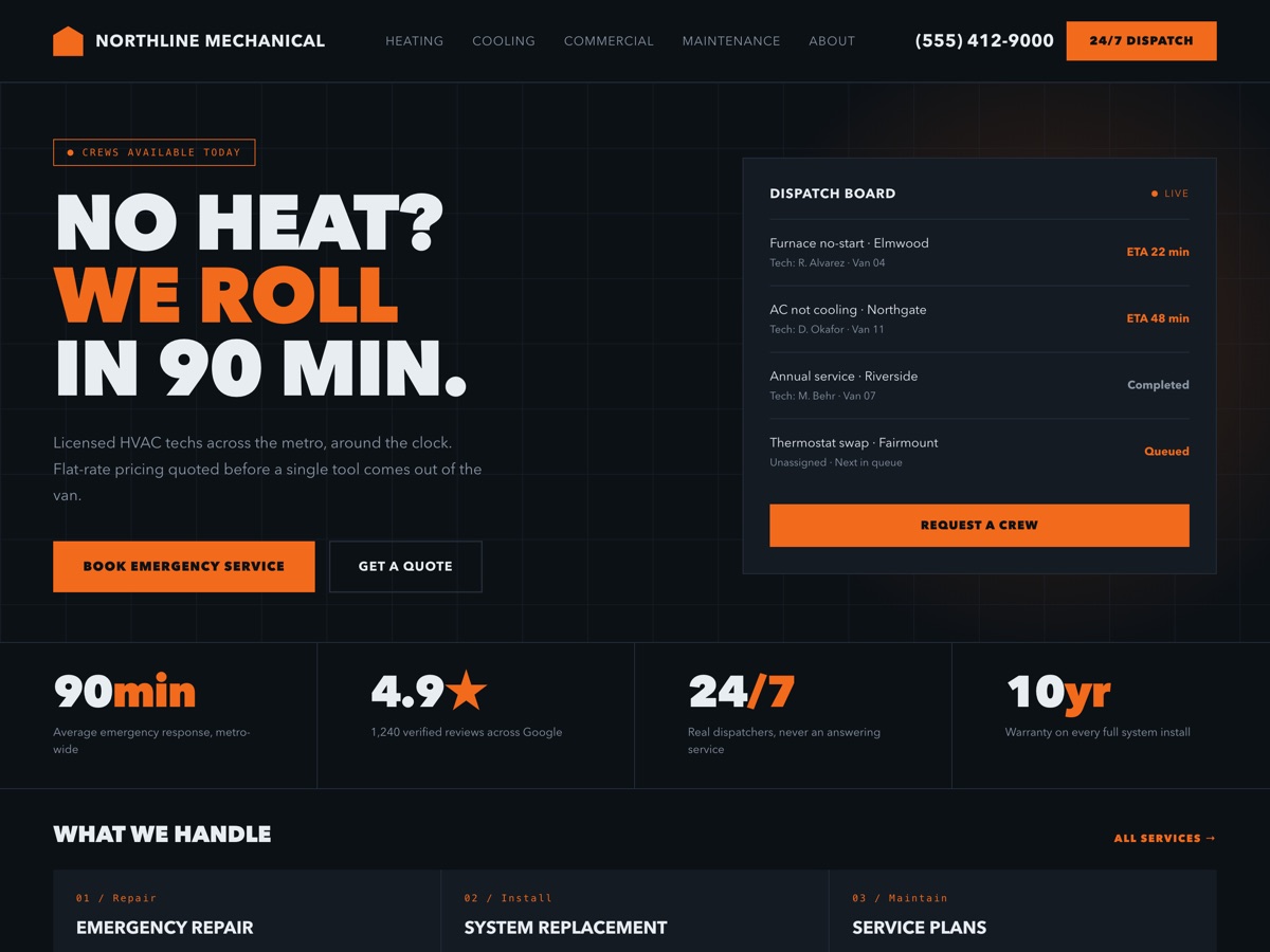 Homepage design for Northline Mechanical, a home services business
