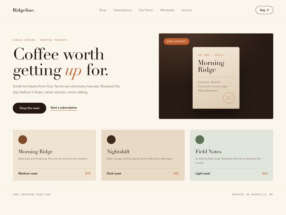 Homepage design for Ridgeline Coffee Roasters, a retail business